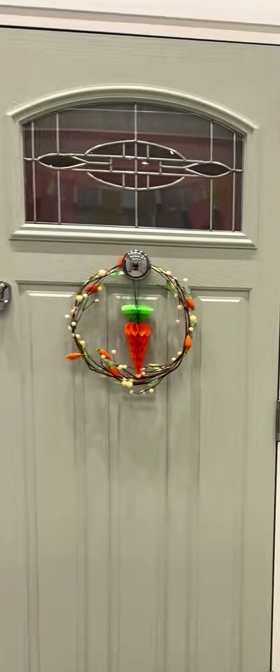 A sage-green composite front door with a leaded fanlight on the showroom wall